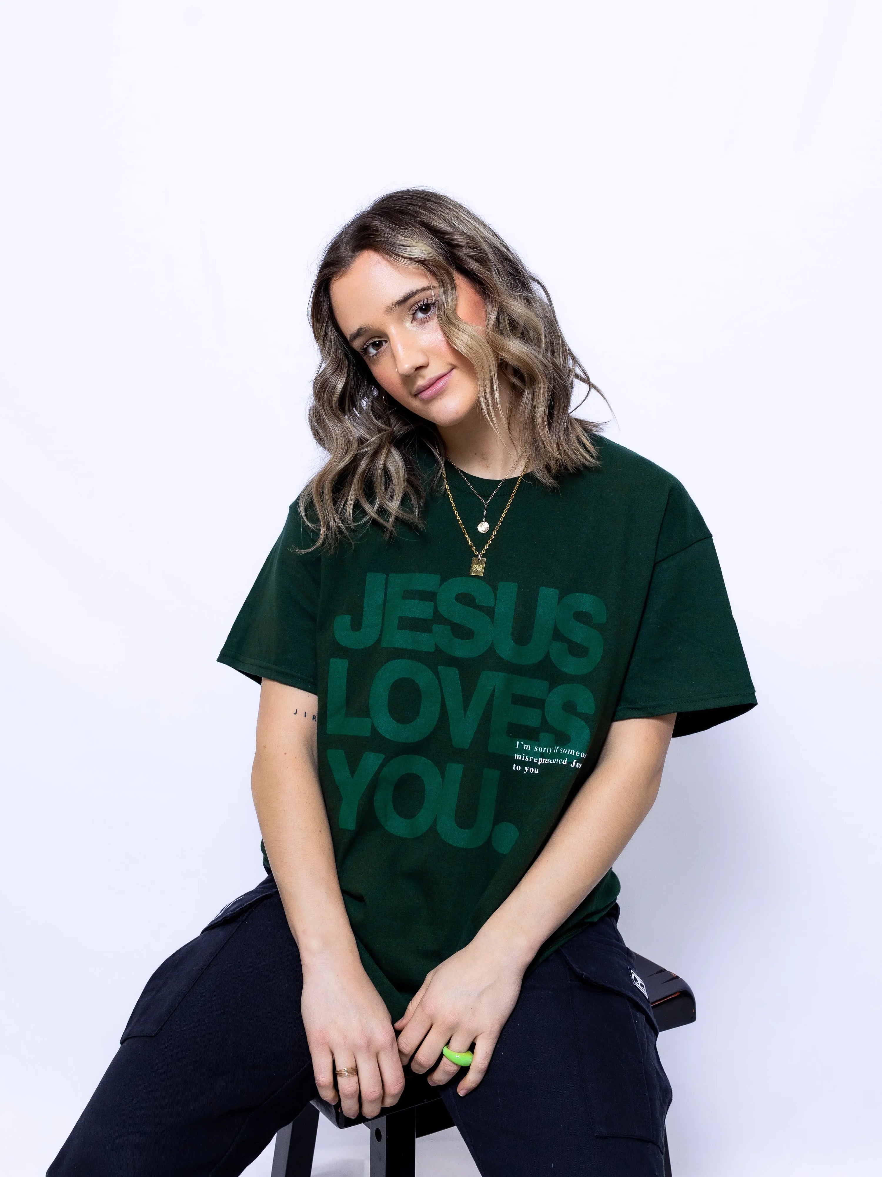Monochrome "I'm Sorry" Tee ||Dark Green Jesus Loves You